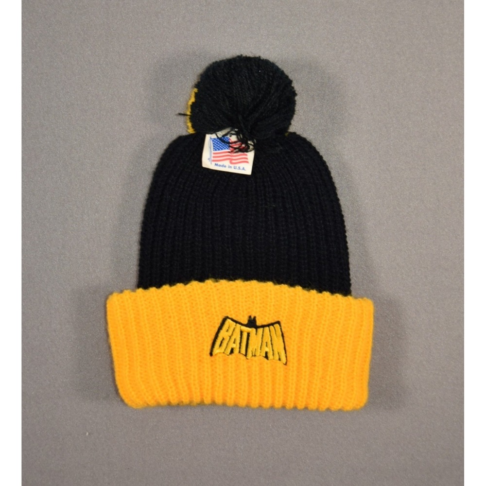 Vintage Batman Beanie Pompom Black Yellow DC Comic 70s Super Friends Made USA